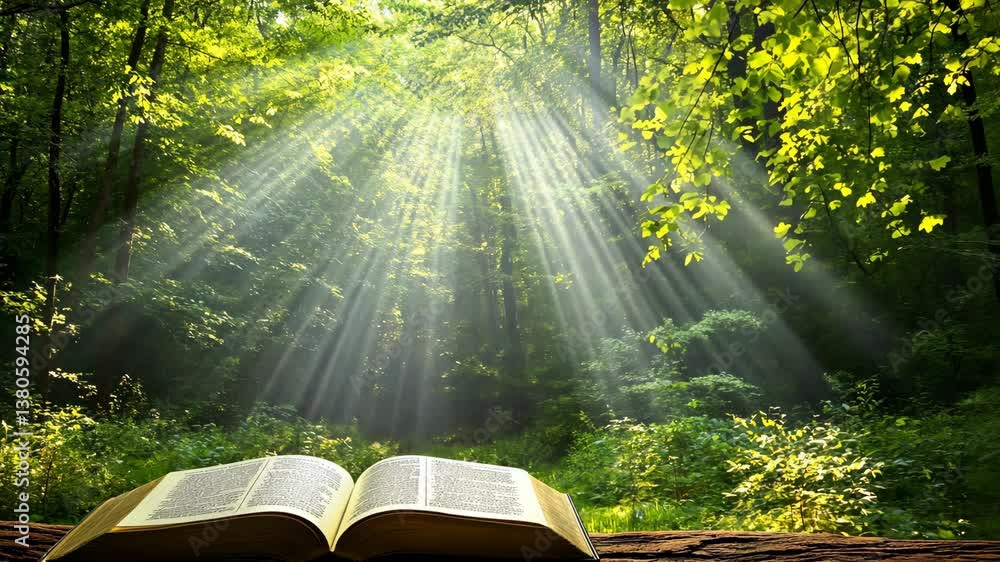 Poster sunlight filters through trees illuminating an open book in a serene forest setting
