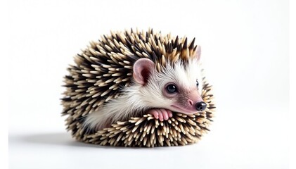 Obraz premium Tiny hedgehog curled into a ball on pure white background, hedgehog, texture, white background