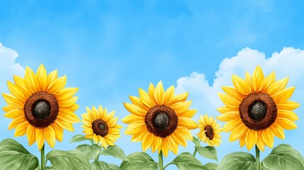 Obraz premium Vibrant Sunflowers under Blue Sky Watercolor Painting