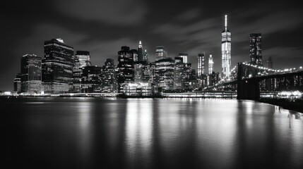Obraz premium Night cityscape, black and white, skyscrapers, bridge, water reflection.