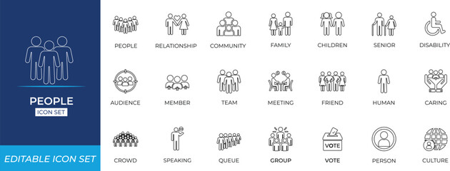 People line icon set., buttons, friends, group, human, job, leader, lecture, management, manager, organisation, profile, solid line icon collection