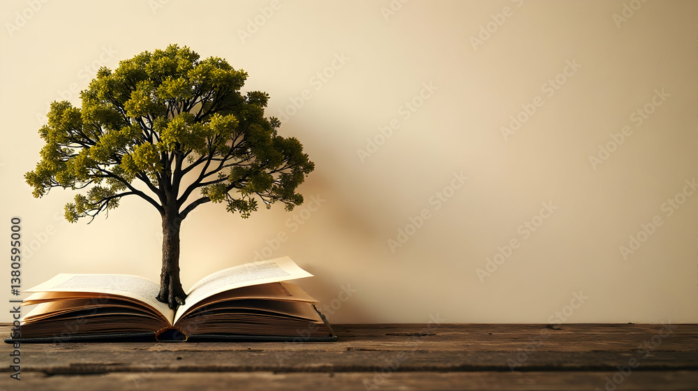 Poster a book with a tree emerging from its pages symbolizes knowledge and growth.
