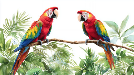 Fototapeta premium Vibrant red macaws perched on branch amidst lush green foliage, showcasing their colorful feathers and lively expressions