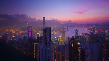 Obraz premium Hong Kong Skyline at Dusk: A Breathtaking Panoramic View