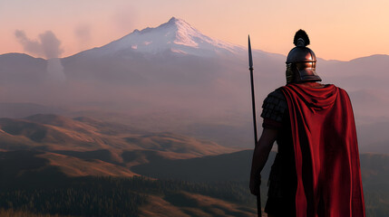 A Roman legionary patrolling the Roman borders, with mountains and wilderness stretching beyond the walls.

