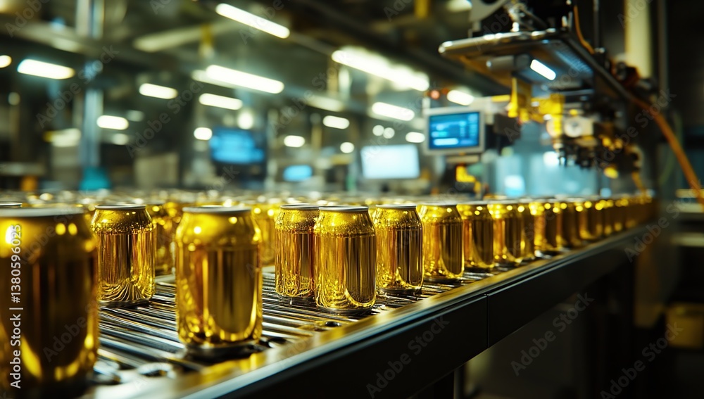 Poster automated canning line: shiny gold cans move efficiently on conveyor belt in a modern factory settin