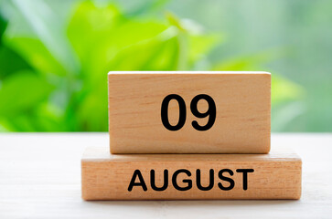 August 9 text on wooden blocks with customizable space for text or ideas. August month and calendar concept.