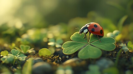 Obraz premium Beautiful ladybug touching clover images