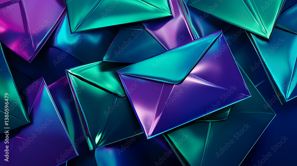 Aufkleber Pile of iridescent purple and teal envelopes, glossy texture, creating a vibrant and dynamic abstract image, symbolizing communication or digital correspondence