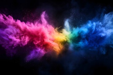 A vibrant cloud of colorful smoke against a dark background with scattered light particles in space