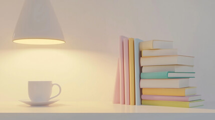 Fototapeta premium Stack of pastel books and cup under warm lamp light