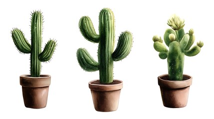 Watercolor Cactus Trio Desert Blooms in Pots.