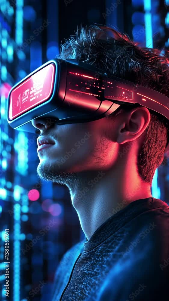 Poster a young man engages with advanced virtual reality technology while surrounded by glowing digital ele