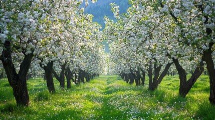 Blossoming apple orchard with sunlit rows of trees and green grass.