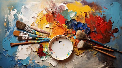 Vibrant artist's palette with brushes, colorful paint smudges, wooden texture, lively, creative atmosphere.

