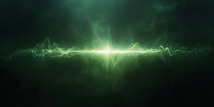 A vibrant green energy pulse with electrical discharge effects in a dark and moody atmosphere backdrop