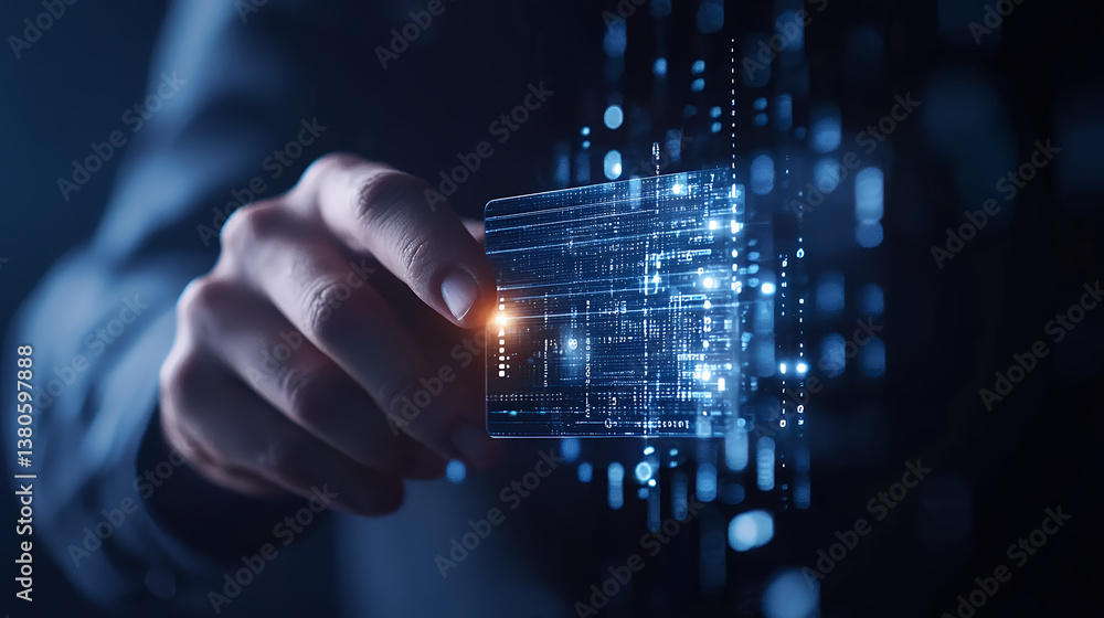 Poster hand holding digital card with glowing data patterns, symbolizing technology and innovation in finan