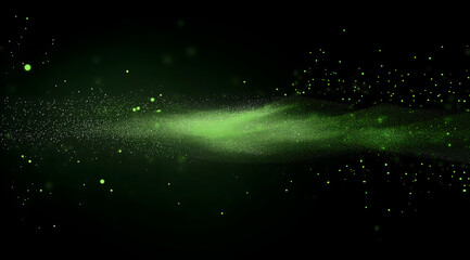 Green particles flying on black background
