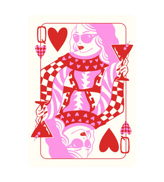 Queen of Hearts card, Whimsical Pink Pocker Queen of Hearts pocker playing card illustration for T-shirts, stationery and web icons