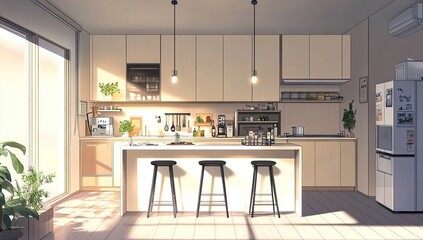 Fototapeta premium Modern Kitchen Design: Island, Sunlight, Cabinets, and Appliances in a Cozy Home Setting