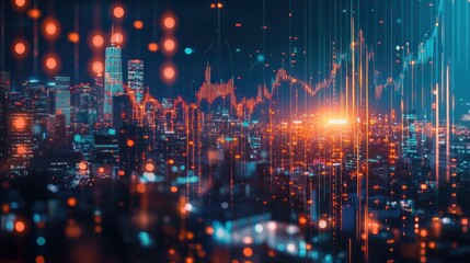 Night cityscape with overlaid financial data graphs and charts showing market trends and fluctuations.