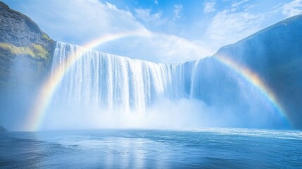 Fototapeta premium A majestic waterfall with rainbows appearing in the mist.