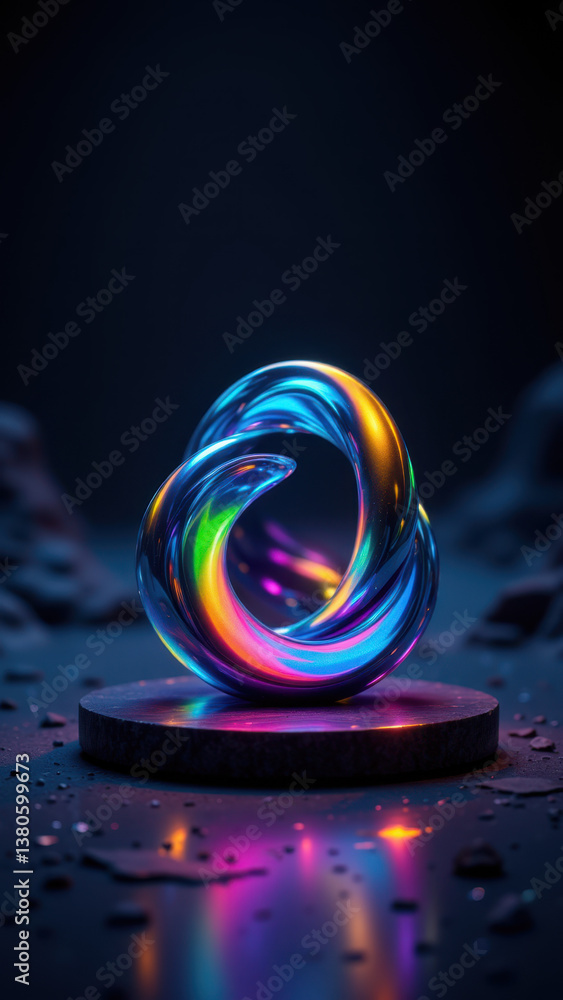 Poster a mesmerizing futuristic sculpture with vibrant colors and intricate patterns on a dark backdrop.