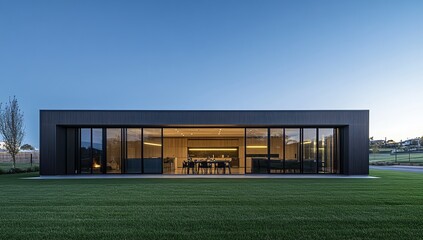 Fototapeta premium Modern Glass House Design: Interior and Exterior Views at Dusk, Featuring Minimalist Architecture with Open Floor Plan