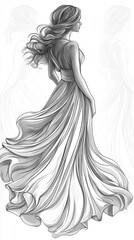 Grayscale Illustration of a Woman in Flowing Gown Viewed from Behind with Subtly Rendered Figures Flanking Her on Either Side in Elegant Composition