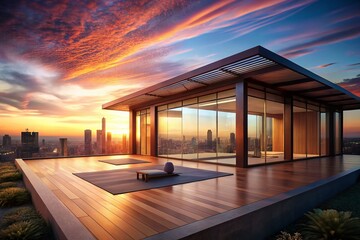 Fototapeta premium Sunset City View Rooftop Yoga Studio - Wooden Deck Glass Wall