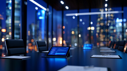 modern conference room with sleek table, illuminated by city lights at night, featuring tablet displaying data analytics