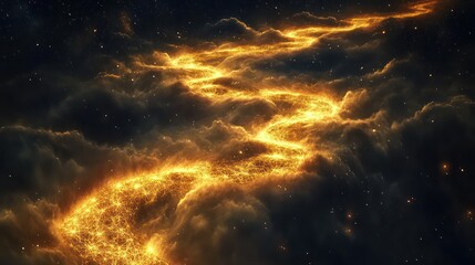 Obraz premium A cosmic river of luminous gas clouds flowing in a mesmerizing fractal pattern, its golden streams illuminated by hidden stars,
