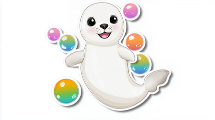Cute seal character with colorful bubbles, playful and cheerful expression, perfect for children illustrations or designs