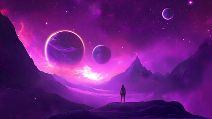 Fototapeta premium Lonely figure under purple starry sky