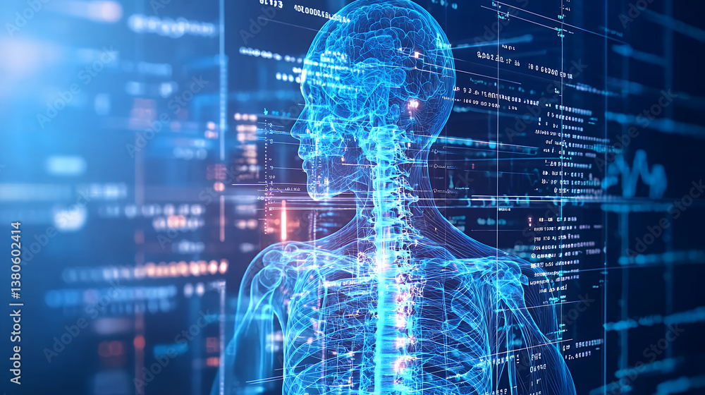 Poster digital human skeleton with data visualization, showcasing anatomy and technology integration, repre