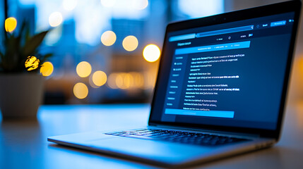 laptop displaying dark themed interface with blurred city lights in background creates modern and tech savvy atmosphere