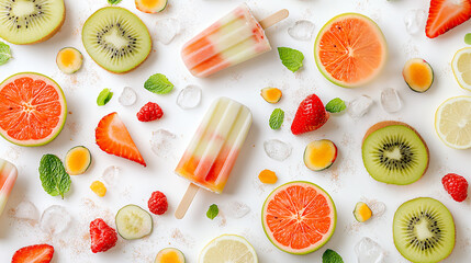 Refreshing fruit popsicles with vibrant slices of kiwi, orange, and strawberries, surrounded by mint leaves and ice, create delightful summer