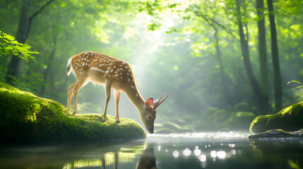 Deer bows his head to drink water in the forest