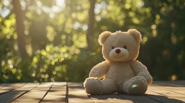 A plush teddy bear with a brown body, dark nose