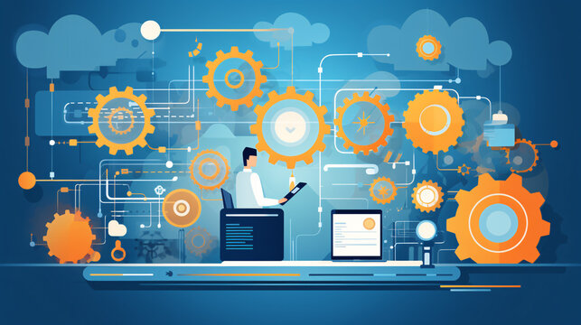 Flat vector illustration depicting digital product and requirement engineering with control elements, sleek design.


