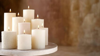 A collection of white candles of various heights, all lit, arranged on a round surface with a soft background. Concept White Candle Aesthetics, Varied Heights, Soft Lighting
