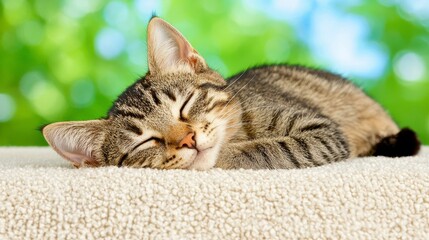Cute Tabby Kitten Napping in Sunlight on Beige Surface