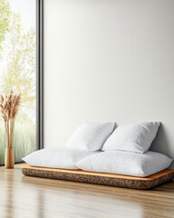 Cozy seating area with large cushions and natural light in a modern space