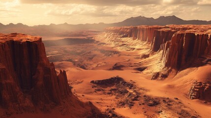 Vast canyons carved in red rock resemble martian landscape under hazy skies