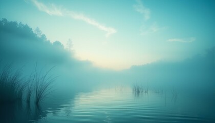 Fototapeta premium Serene mist-shrouded lake scene at dawn with softly diffused aquamarine clouds, wispy tendrils of feathery white streaks, pale cerulean sky, delicate reeds, rippled water, subtle reflections.