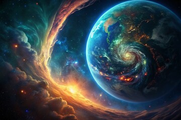 Surreal Earth: Cosmic Ocean of swirling continents, vibrant nebulae, and celestial rivers from space.