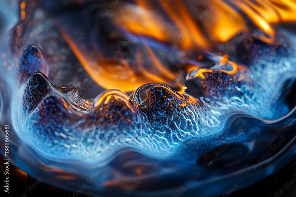 Poster Abstract image of blue and orange hues resembling ice and fire, creating a contrast of textures and temperatures, symbolizing duality or opposing forces