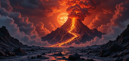 Epic doomsday scene, 250 million years ago, mantle plume eruption, magma gushing like a dragon, sun-obscuring volcanic ash, ground shaking, destructive orange-red intertwined with deep cold colors