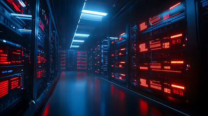 futuristic data center with illuminated server racks, showcasing vibrant red and blue lights, creating high tech atmosphere