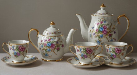 Elegant Floral Tea Set - Exquisite porcelain tea set with delicate floral design, gold accents, and perfect for afternoon tea
